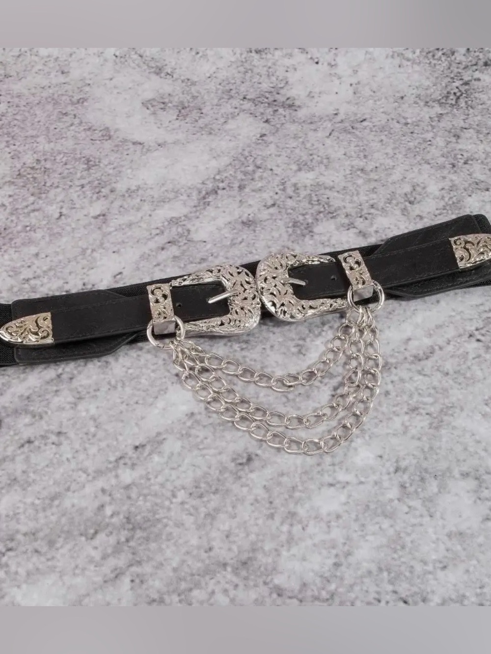 Black Western-Inspired Chain Waist Belt with Silver Buckles